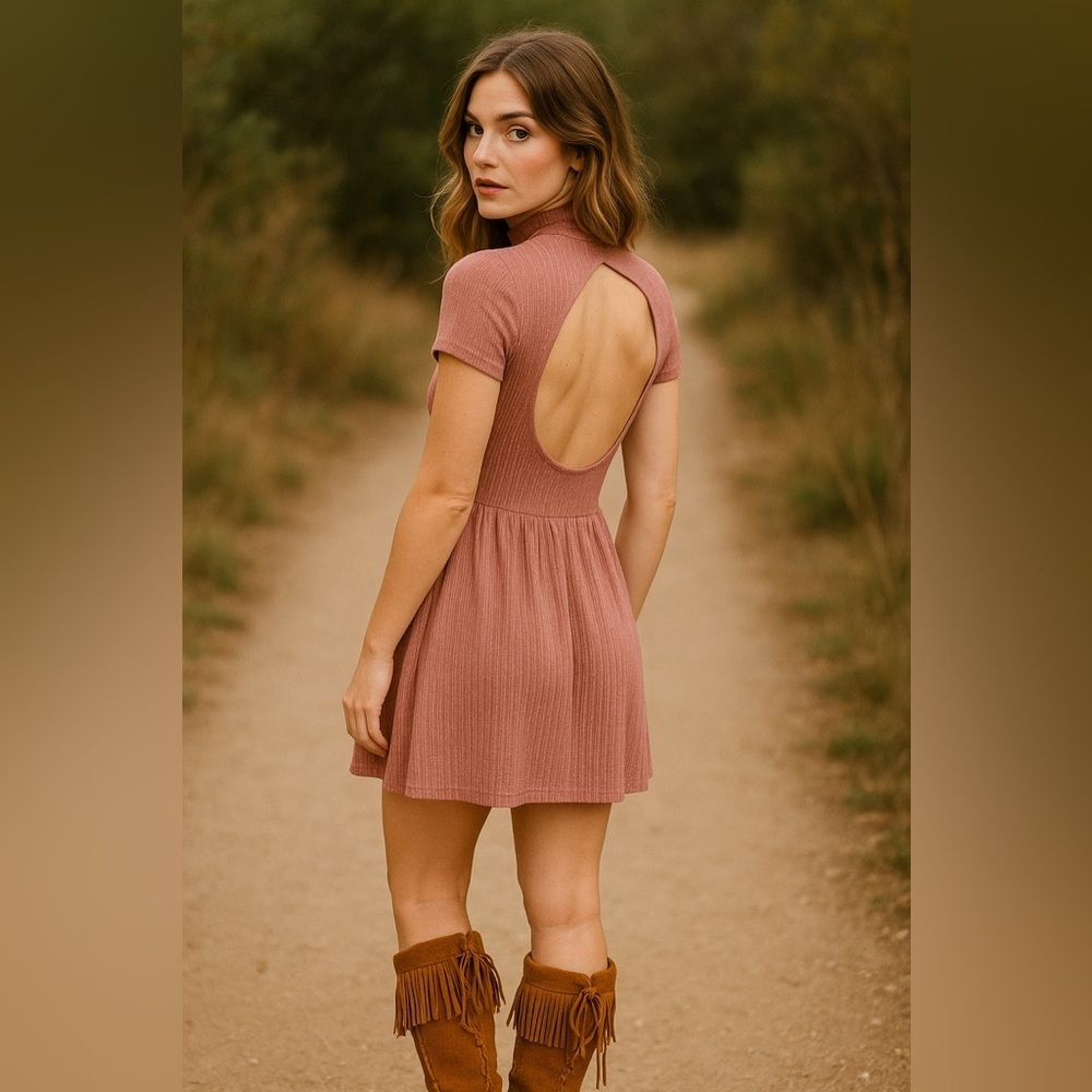 Free People Beach Womens Mauve Dress Sz XS Mock Neck Ribb Knit Cut Out Back